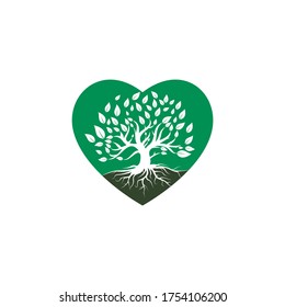 Tree roots heart shape vector logo design. Tree roots nature love vector logo design template.