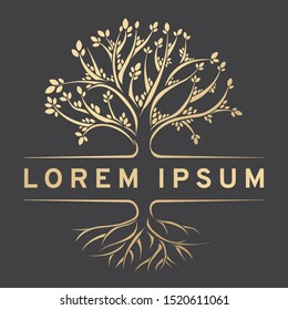 Tree with roots icon. Gold design element. Vector illustration with place for your text