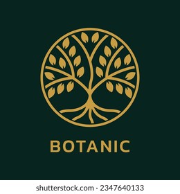 Tree with roots icon or logo. Abstract nature symbol. Modern round emblem design. Plant, eco, natural, organic, bio concept. Vector illustration.