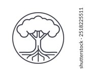 Tree roots icon. Outline icon of a tree with roots, symbolizes growth, stability, and connection.