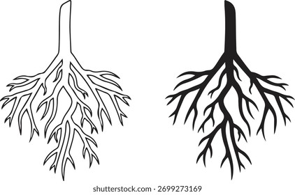 Conjunto de iconos de raíces de árbol Esquema y silueta Arte gráfico Ilustración en blanco y negro aislado sobre fondo blanco