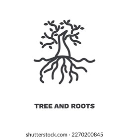 tree and roots icon. Thin line tree and roots, tree icon from ecology collection. Outline vector isolated on white background. Editable tree and roots symbol can be used web and mobile