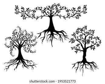 Tree with Roots Icon Vector illustration. trees symbol. branch leaf sign, emblem isolated on white background, Flat style for graphic and silhouette, logo. EPS10 black pictogram.
