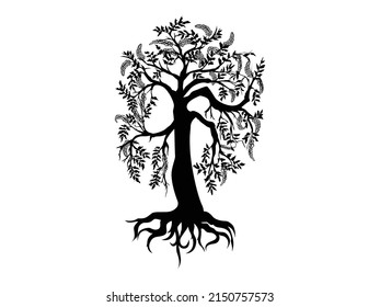 Tree with Roots Icon Vector illustration. Tree with branch leaves and flowers symbols or signs. Emblem isolated on white background, Flat style for graphic and silhouette, logo. EPS10