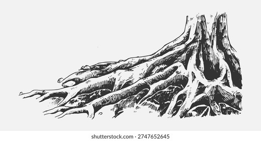 Tree roots illustration. Hand drawn engraving vector style.
