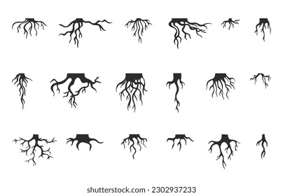 Tree roots isolated collection. Nature root silhouettes, stammer different plants. Abstract branches, trees life system neoteric vector set