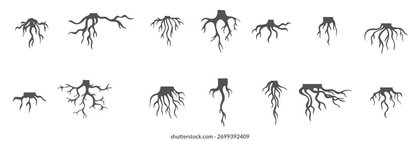 raízes de árvores coleção isolada natureza silhuetas raiz gaguejar diferentes plantas ramos abstratos
