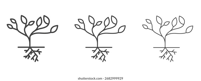 Árbol con el icono de raíces y hojas - Ilustración vectorial de trazo editable