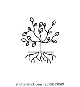 Tree with roots and leaves icon in liner stroke style