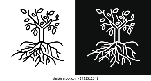 Árbol con raíces y hojas Conjunto de iconos. Ilustración vectorial