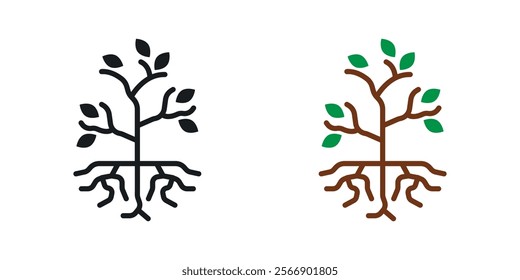 Tree with roots and leaves icon set in black and colored