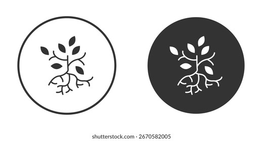 Tree with roots and leaves icon in trendy flat design versions in black and white.