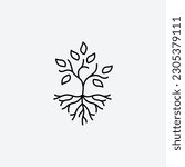 Tree with roots and leaves icon vector illustration. Editable stoke.