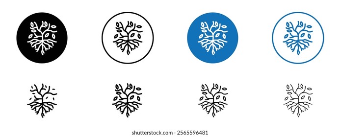 Tree with roots and leaves icons in black and blue colors