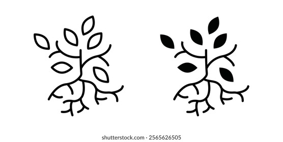 Tree with roots and leaves icons in black and white colors