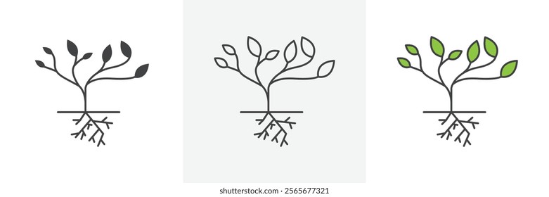 Tree with roots and leaves icons in black and colored versions