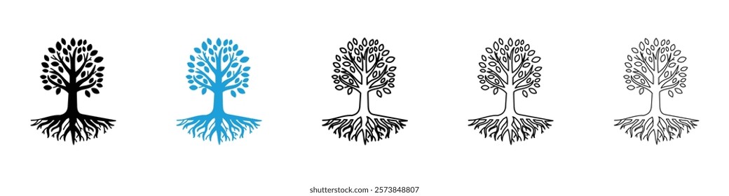 Tree with roots and leaves icons in filled and 3 stroke weights