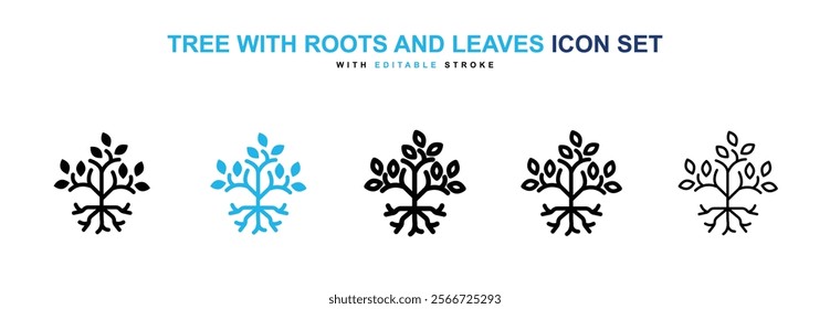 Tree with roots and leaves icons vector collection pack.