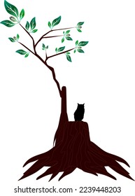 Tree with roots and leaves. An Owl stands on.