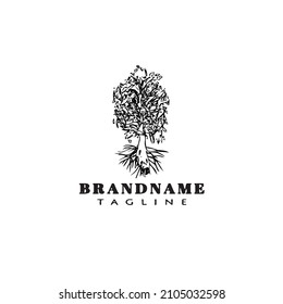 árbol con el logotipo de raíces icono de dibujos animados plantilla de diseño negro lindo vectorial