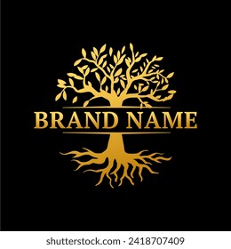 Tree and roots logo illustration in gold colour. tree of life logo design vector isolated.
