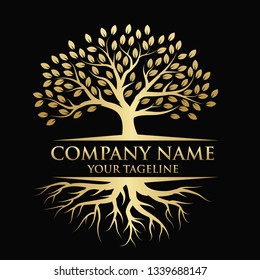 Tree and roots logo illustration. Vector silhouette of a tree. In gold color