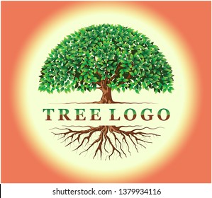 Tree and roots logo template, tree symbol with round shape on sunrise background