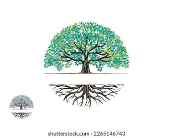 Logo-Vorlagen für Baum und Wurzeln in runder Form, in der Mitte Platz für Schrift oder Namen