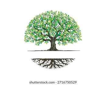 Árbol y raíces logo Plantillas en forma circular, roble con el hueco entre el árbol y la raíz
