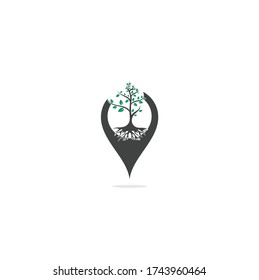 Tree Roots map pin shape concept vector logo design. Vector tree with roots logo element.