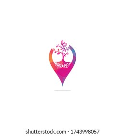 Tree Roots map pin shape concept vector logo design. Vector tree with roots logo element.