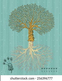 Tree with roots on rough background. Arbor day poster in vintage style. 