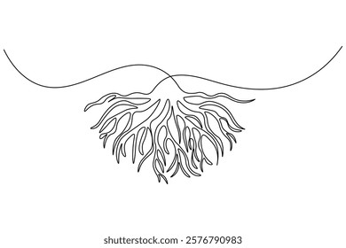 Tree roots one line drawing and plant minimalist style isolate outline vector icon