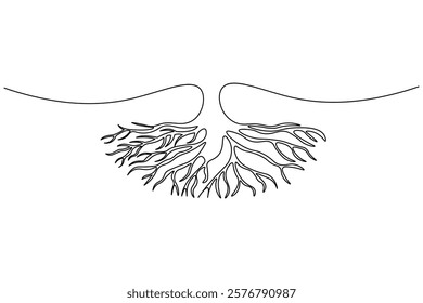 Tree roots one line drawing and plant minimalist style isolate outline vector icon