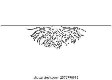 Tree roots one line drawing and plant minimalist style isolate outline vector icon
