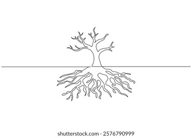Tree roots one line drawing and plant minimalist style isolate outline vector icon