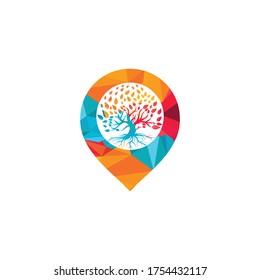 Tree roots and pin vector logo design. 