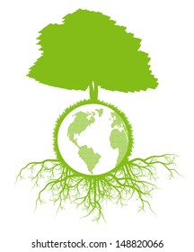 Tree with roots and planet background ecology vector concept