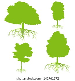 Tree with roots set background ecology vector concept