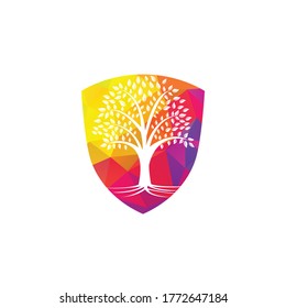 Tree Roots shield vector logo design. shield Vector tree with roots logo element.