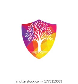 Tree Roots shield vector logo design. shield Vector tree with roots logo element.