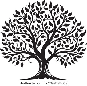 Tree with roots silhouette. Black and white tree silhouette for corporate or personal use. Simple tree vector. Nature with roots vector. Tree with leaves silhouette