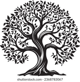 Tree with roots silhouette. Black and white tree silhouette for corporate or personal use. Simple tree vector. Nature with roots vector. Tree with leaves silhouette