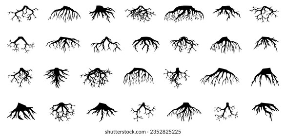 Tree roots silhouette collection. Set of black tree roots silhouettes. Tree root logo collection