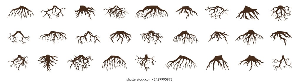 Tree roots silhouette collection. Set of brown tree roots silhouettes. Tree root logo collection