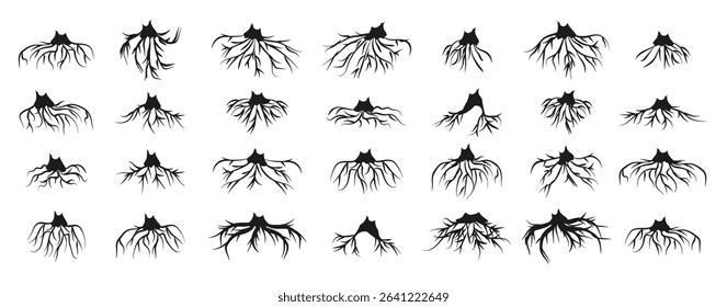 Tree roots silhouette collection. Set of black tree roots silhouettes. Tree root logo collection