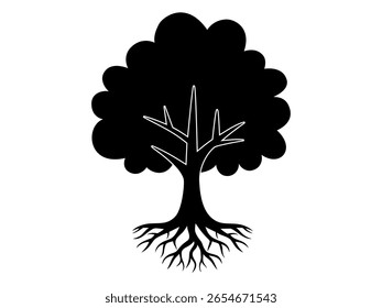 Árvore e raízes silhueta conceito de logotipo de design plano. ilustração vetorial desenhado à mão.