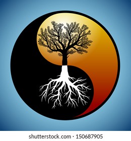 Tree and it's roots silhouette in modified yin yang symbol