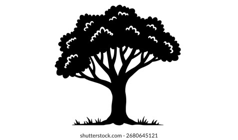 Tree with roots silhouette vector, icon of a large oak for a nature, life, and environment themed design.