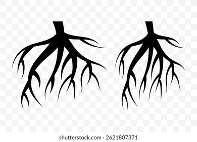 Tree roots silhouettes set. Root, taproot vector isolated. Underground growing fibrous structure. Wood growth, plant system, eco pattern, natural organic shapes isolated.  Vector illustration.